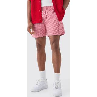 Mens Elasticated Waist Gingham Check Linen Look Relaxed Short In Red