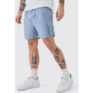 Mens Elasticated Waist Pinstripe Linen Look Short In Blue