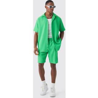 Mens Green Oversized Short Sleeve Pleated Shirt And Short Set