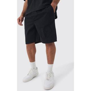 Mens Black Plus Elasticated Waist Applique Short Length Relaxed Shorts