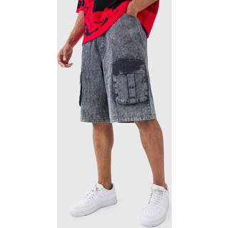Mens Charcoal Elasticated Waist Washed Cargo Jorts