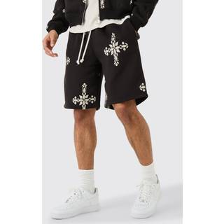 Mens Black Oversized Mid Length Cross Print Shorts