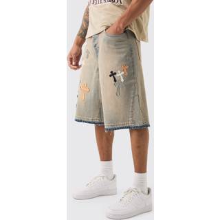 Mens Regular Cross Applique Gusset Denim Jorts In Stone
