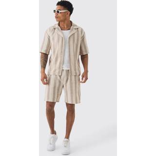 Mens Natural Oversized Revere Linen Look Stripe Shirt & Short Set