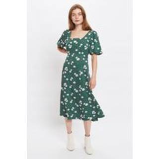 Louche Nadine Roaring Daisy Print Square Neck Balloon Sleeve Midi Dress - Green