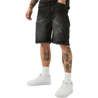 Mens Relaxed Rigid Extreme Side Ripped Denim Short In Washed Black