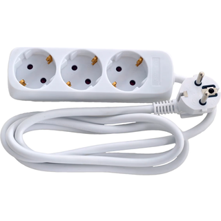 E-line 3-stikdåse 3G1,0 H05VV-F, med jord Schuko, 230V/16A, plastkabel, 1,5m, hvid