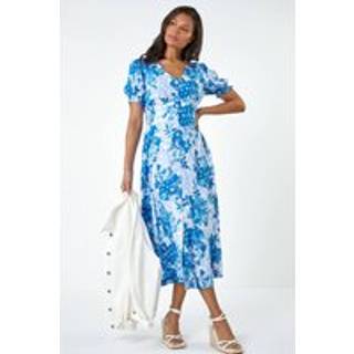 Roman Roman Blue Button Through Floral Print Shirred Midi Dress