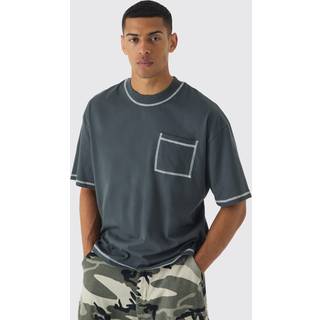 Mens Dark Grey Oversized Boxy Extended Neck Contrast Stitch T-shirt