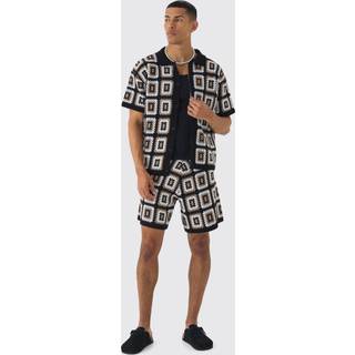 Mens Black Oversized Boxy Crochet Knit Shirt And Short Set