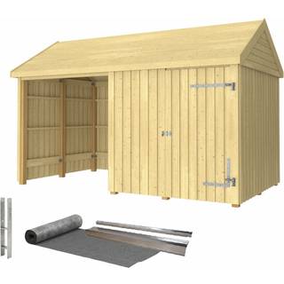 PLUS Classic Multi havehus i 2 moduler med enkeltdør og lukket/åben front inkl. tagpap/alulister/H-stolpefødder, natur/nåletræ - 10 m²