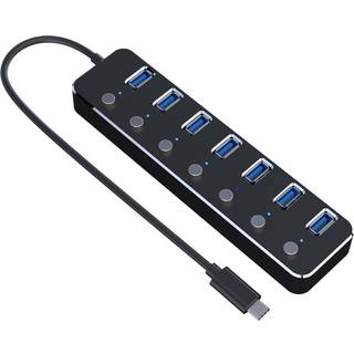 NÖRDIC strømforsynet 7-ports USB-C 3.0 HUB med individuel switch 5Gbps 25cm kabel aluminium sort med strømforsyning