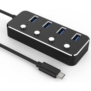 NÖRDIC 4-ports hub USB-C 3.0 5Gbps med individuel switch 25 cm kabel sort aluminium