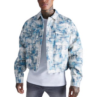 Mens Blue Boxy Abstract Jacquard Harrington Jacket