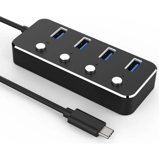 NÖRDIC strømforsynet 4-ports hub USB-C 3.0 5Gbps med individuel switch 25 cm kabel aluminium sort med strømforsyning