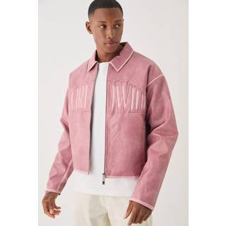 Mens Boxy Tumble PU Applique Harrington Jacket In Pink