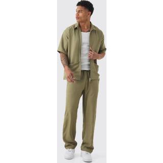 Mens Khaki Oversized Linen Deep Pocket Shirt & Trouser Set