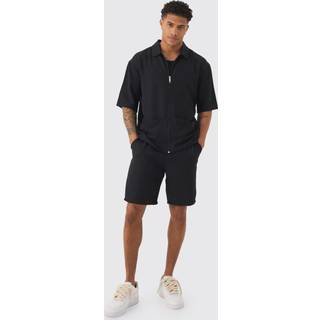 Mens Black Oversized Linen Deep Pocket Shirt & Short Set