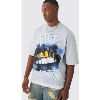 Mens Light Grey Oversized Boxy Extended Neck Graphic Faux Layer T-shirt