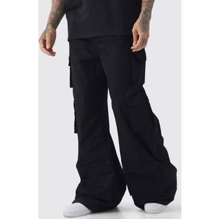Mens Black Tall Extreme Baggy Rigid Multi Cargo Pocket Trousers