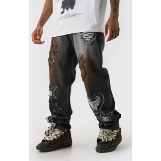 Mens Washed Black Tall Applique Relaxed Fit Jeans