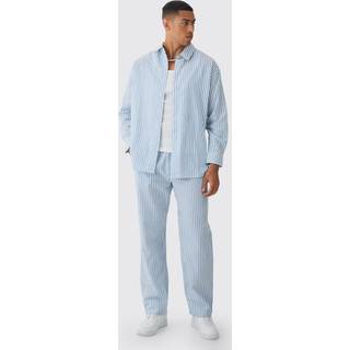Mens Oversized Long Sleeve Striped Shirt & Trouser Set In Light Blue
