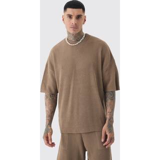 Mens Taupe Tall Oversized Ribbed Knit T-shirt