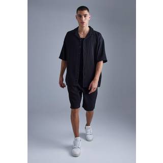 Mens Black Oversized Short Sleeve Pleated Shirt And Short