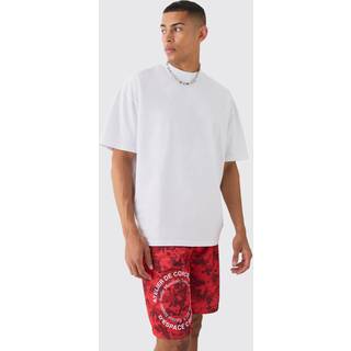 Mens Red Oversized Extended Neck Circle T-shirt And Mesh Shorts Set