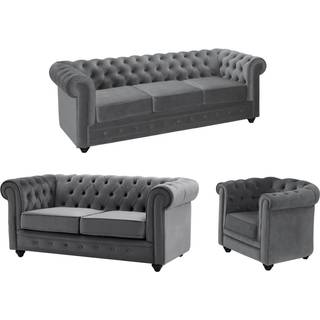 2- og 3-personers sofa samt lænestol i antracitgråt velour CHESTERFIELD