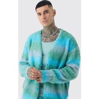 Mens Blue Tall Boxy Fit Knitted Brushed Stripe Cardigan