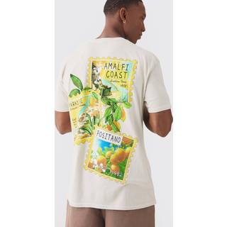 Mens Ecru Postcard Travel Wash Print T-shirt