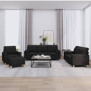 Sofasæt 3 Dele Stof - Sort / med puder og fodskamler