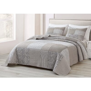 Chezmoi Collection Quinn 2 -delt neutral taupe gr? hvid blomster hibiscus blomster slik stribe patchwork quilt s?t - forudvasket bomuldsovertr?de