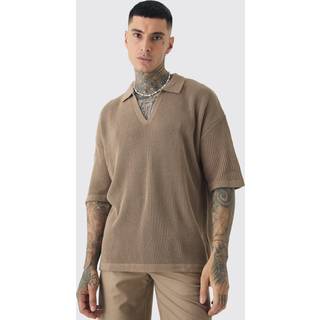 Mens Taupe Tall Boxy Short Sleeve Ribbed Knit Polo