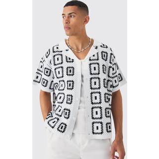 Mens White Oversized Boxy Crochet Knit Revere Shirt