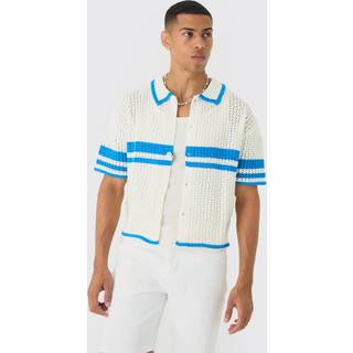 Mens White Oversized Boxy Open Stitch Colour Block Knit Shirt