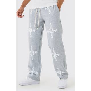 Mens Grey Marl Relaxed Fit Gothic Cross Print Jogger