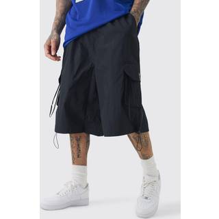 Mens Tall Crinkle Nylon Cargo Parachute Shorts In Black