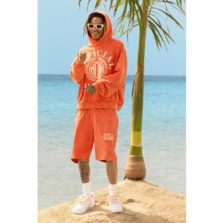 Mens Orange Oversized Boxy Reverse Loopback Printed Hoodie Short Tracksuit