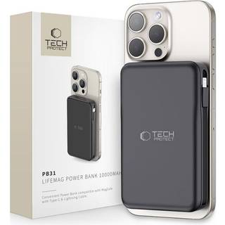 Tech-Protect LifeMag 10.000mAh PowerBank med Integreret USB-C- og Lightning Kabel & USB-A- og USB-C Stik - MagSafe Kompatibel - Sort