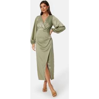 L/S wrap satin midi dress