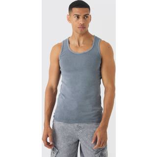 Mens Charcoal Muscle Fit Ribbed Acid Wash Vest