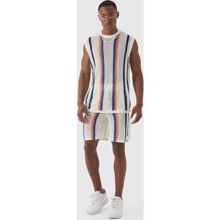 Mens Stone Oversized Open Stitch Stripe Knitted vest Set