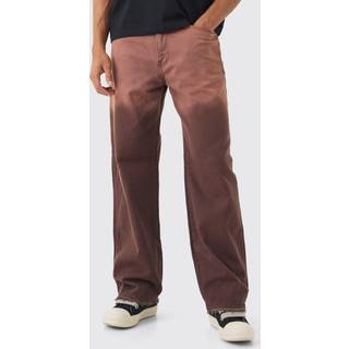 Mens Brown Fixed Waist Relaxed Raw Hem Washed Trouser