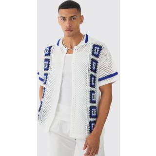 Mens White Oversized Boxy Crochet Placement Knit Shirt