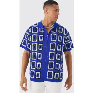 Mens Cobalt Oversized Boxy Crochet Knit Shirt