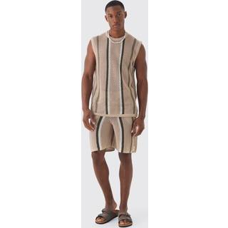 Mens Taupe Oversized Open Stitch Stripe Knitted vest Set