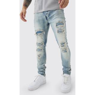 Mens Light Blue Super Skinny Stretch Washed Biker Rip & Repair Jeans