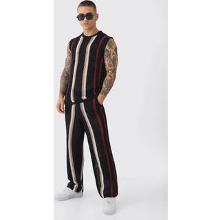 Mens Black Oversized Open Stitch Stripe Knitted vest & Trouser Set